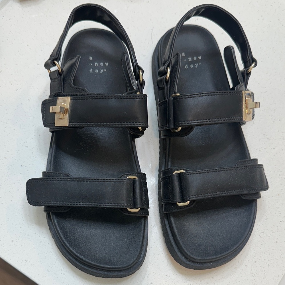 a new day Black Sandals with Gold Accents